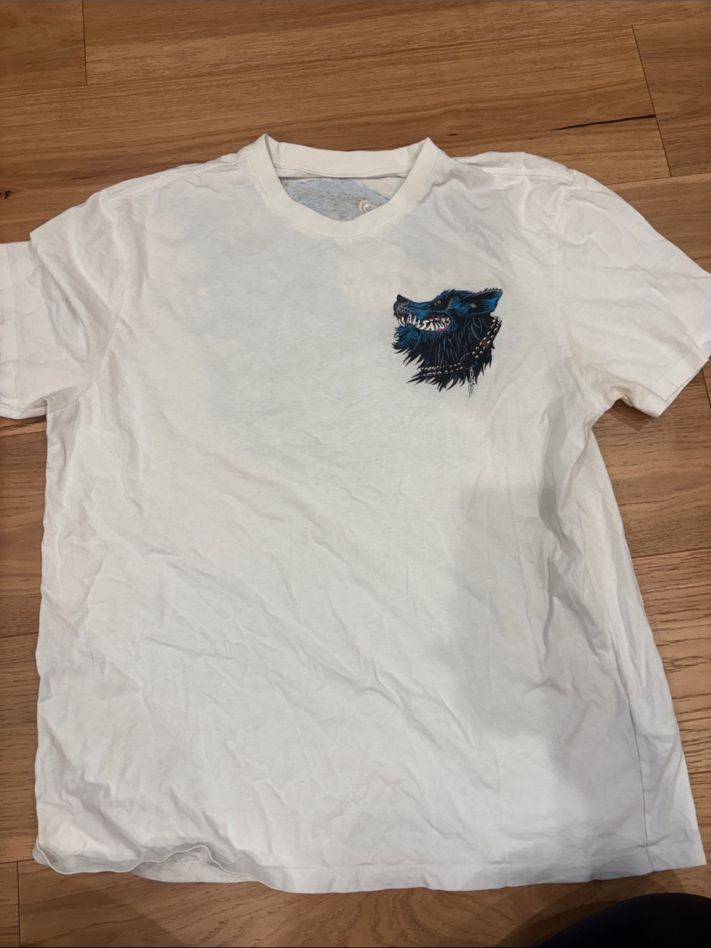 All Saints White Tee with Blue Wolf Patch